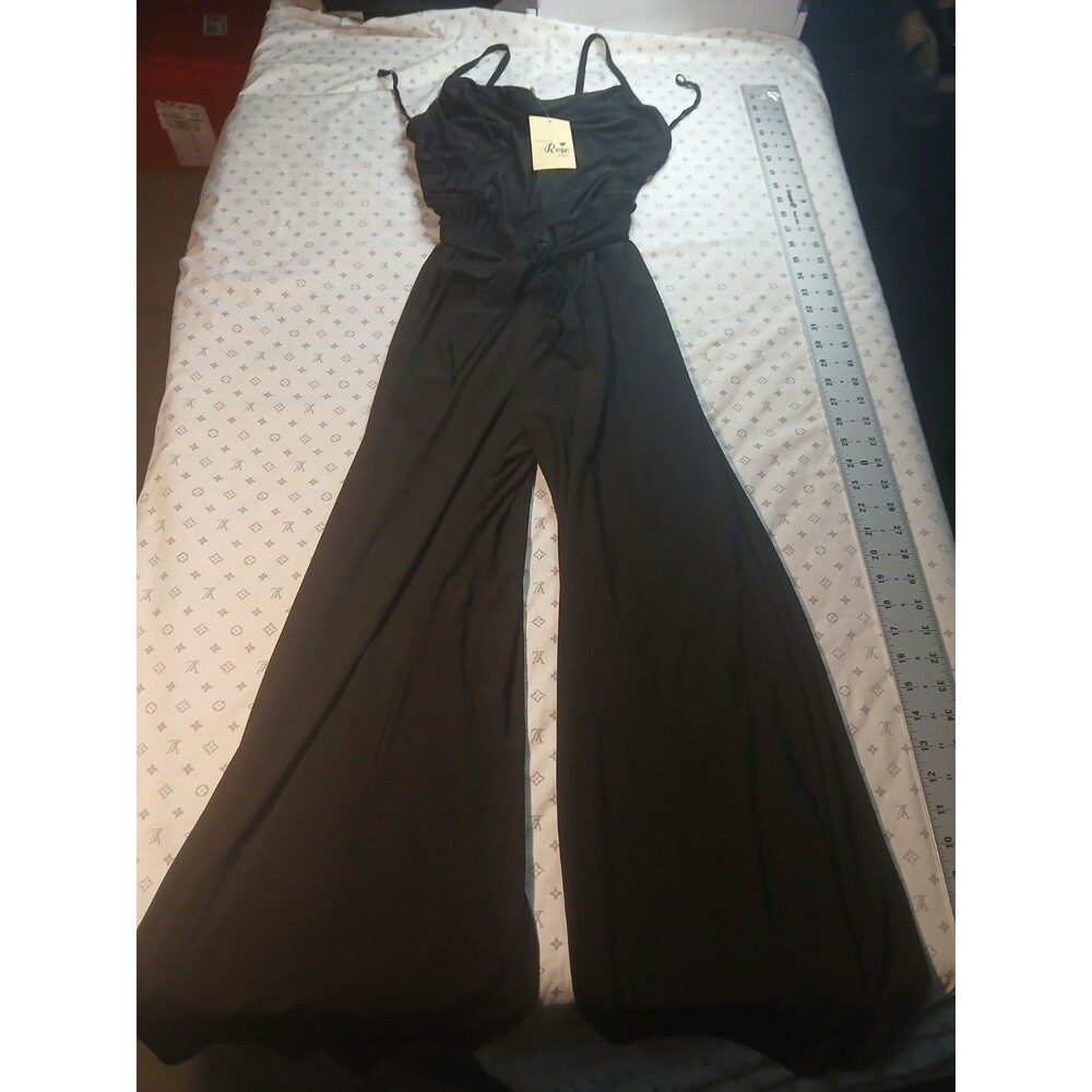 Forever Rose Couture Black Spaghetti Strap Wide Leg Belted Jumpsuit Womens Large